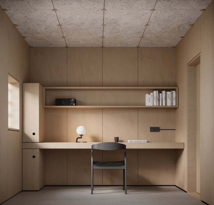 Interior — desk to one wall